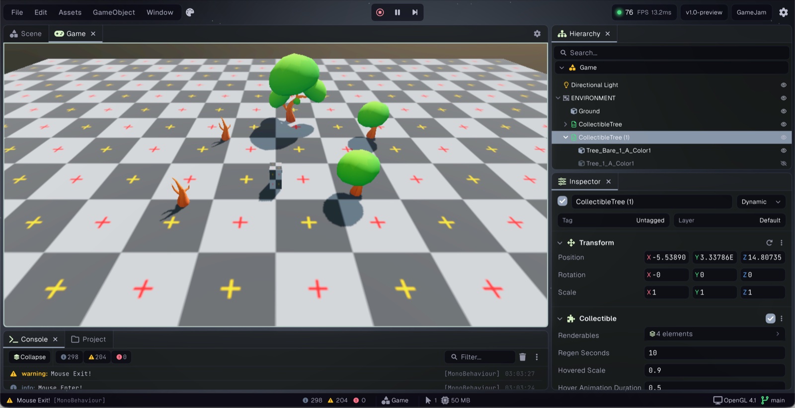 The Prowl editor with a project open, showing the scene view, hierarchy and inspector panels