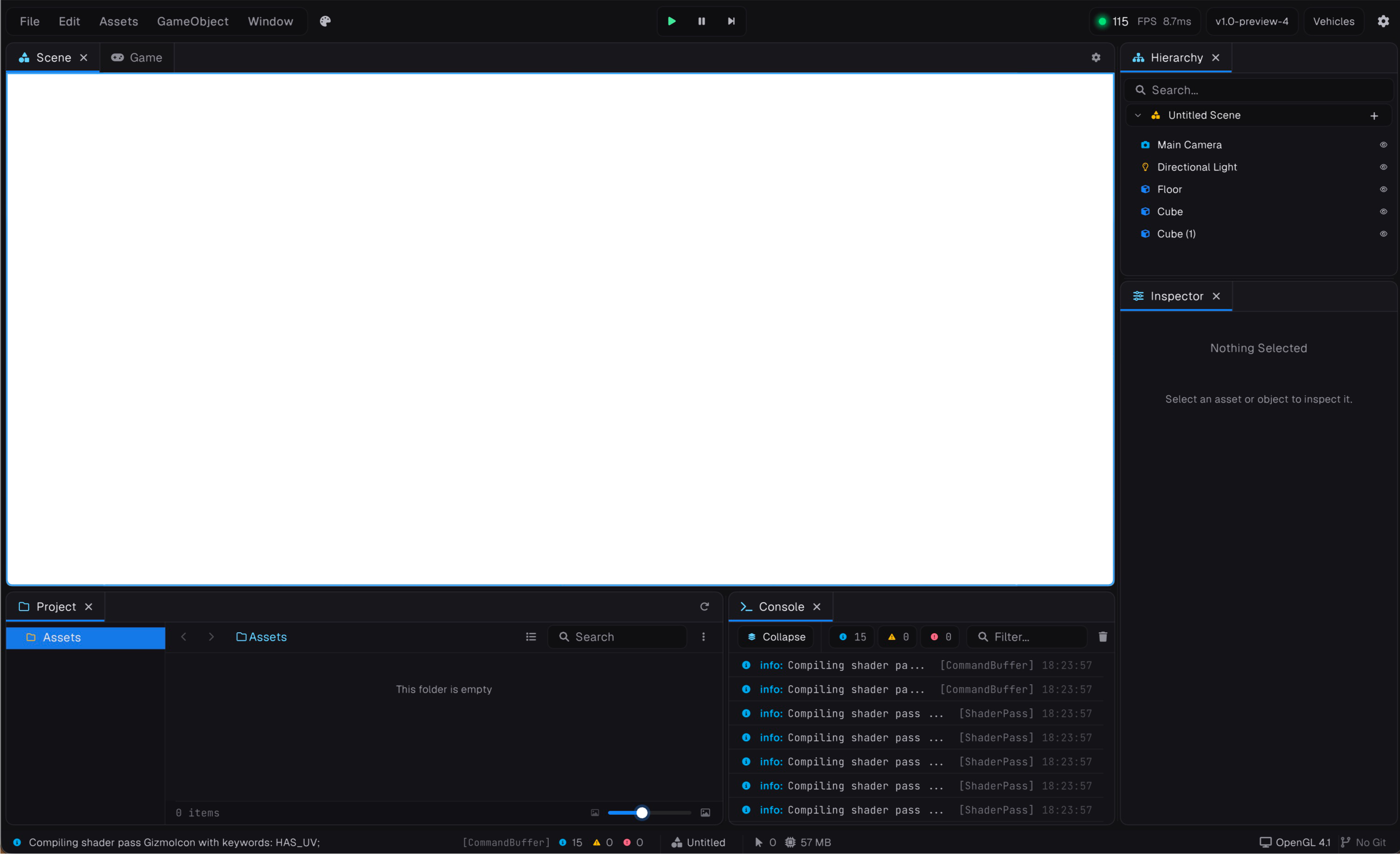 The Prowl editor with a vehicle scene open in the scene view, alongside the hierarchy, inspector, project and console panels