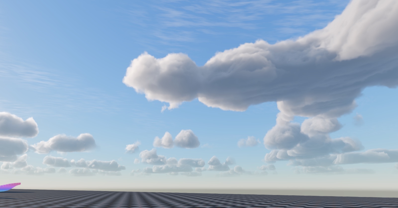 Volumetric cumulus clouds over a checkered ground plane in Prowl