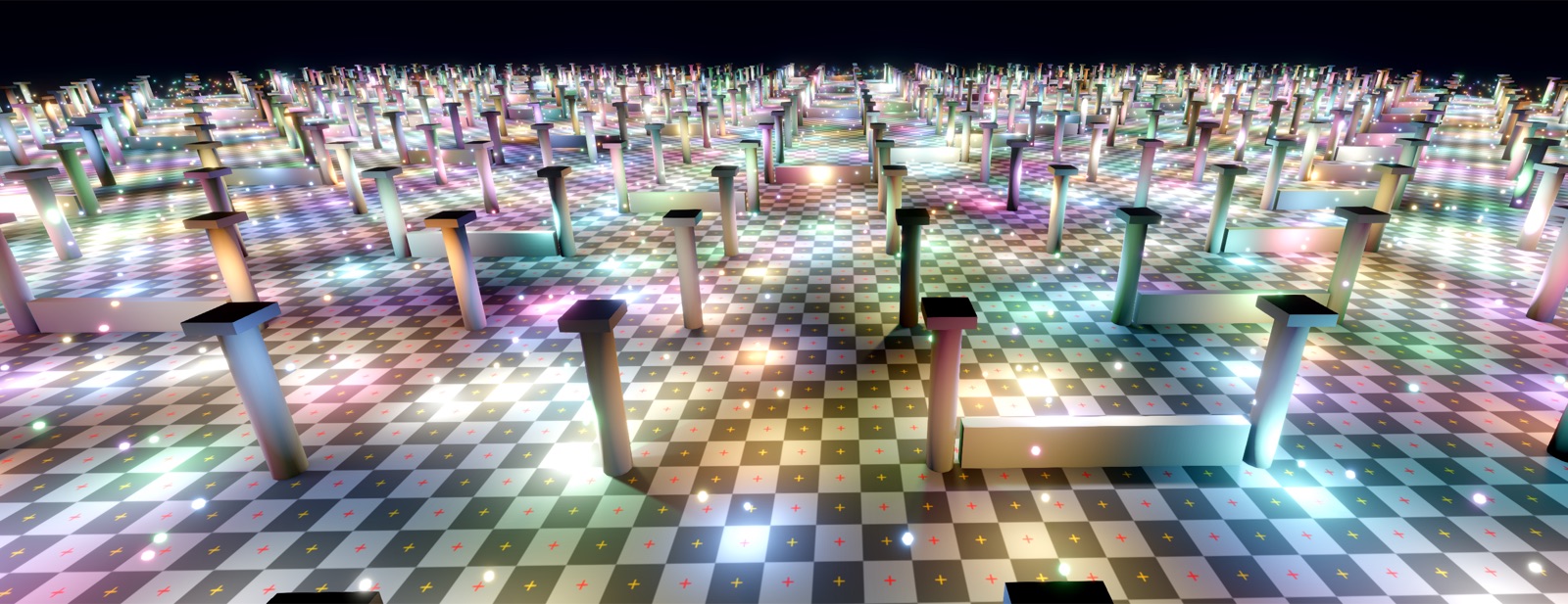 A field of pillars lit by hundreds of small colored point lights