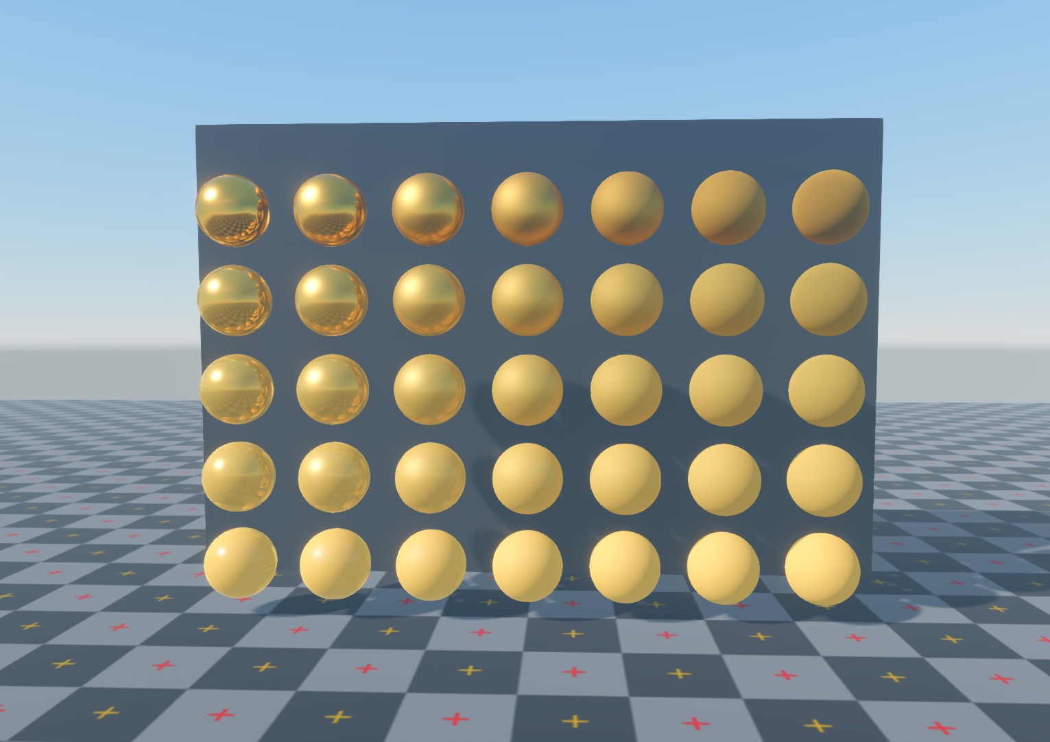 A grid of gold spheres stepping from mirror-smooth to fully rough
