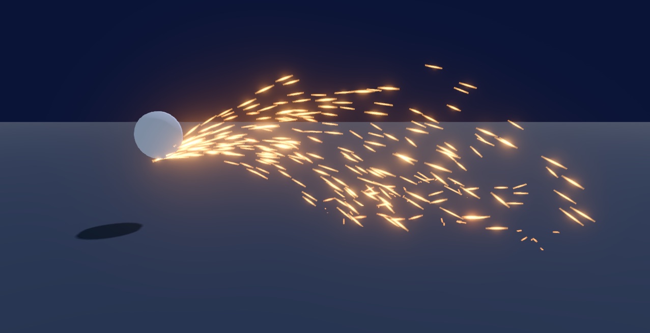 Glowing orange sparks streaking away from a sphere