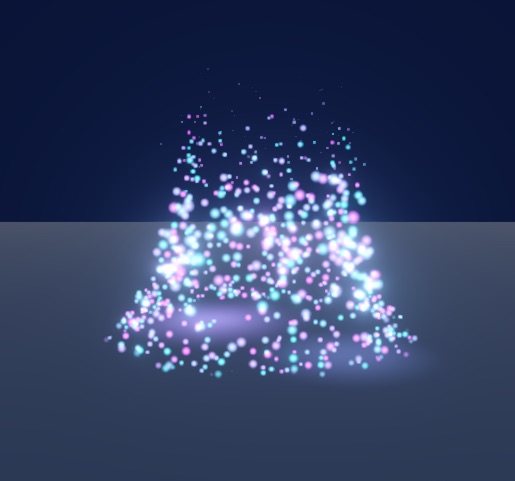 A burst of glowing pink and cyan particles