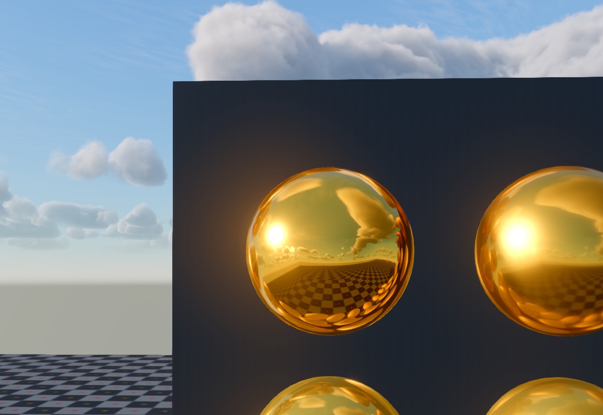 A gold sphere reflecting volumetric clouds captured by a reflection probe